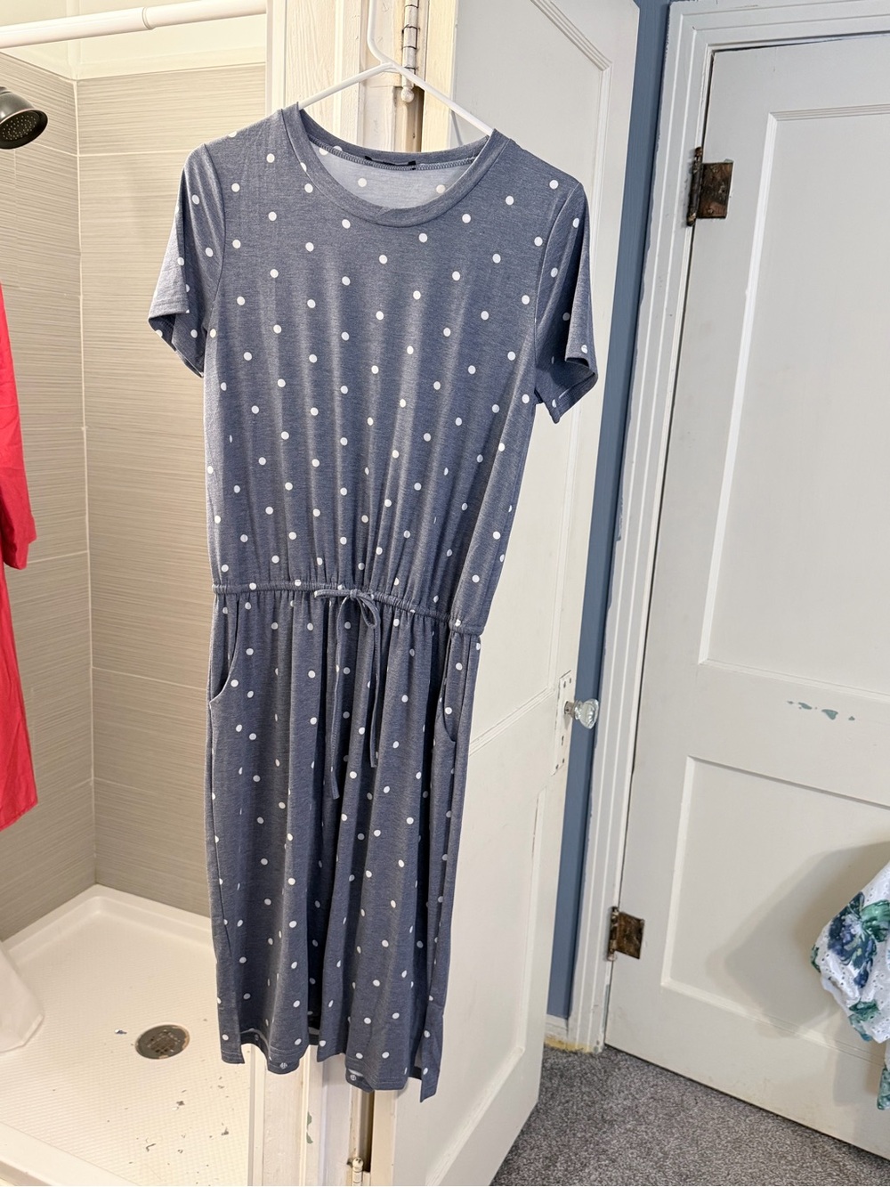 Polka Dot Drawstring Midi Dress - Blue with White Dots